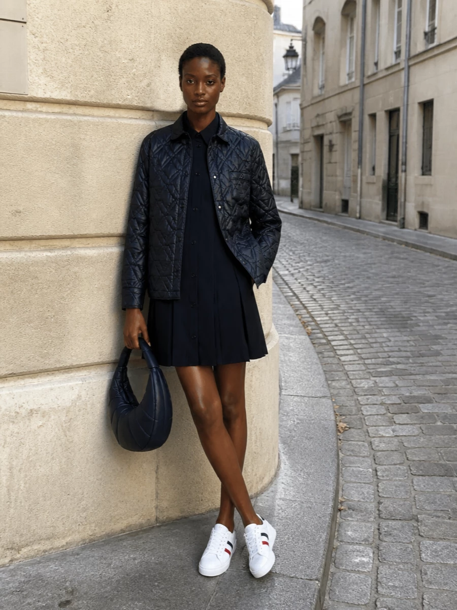This look builds a monochrome, city-sport story around the quilted navy shirt-jacket by pairing it with the inky sleeveless shirt dress for a clean, elongated column of dark tonal tailoring. Tricolour-accent white sneakers keep it crisp and athletic, while the navy curved hobo bag adds sculptural quiet luxury without breaking the palette. I chose the dress route over separates to preserve a streamlined, minimal silhouette that lets the quilting and technical details stay the focus.