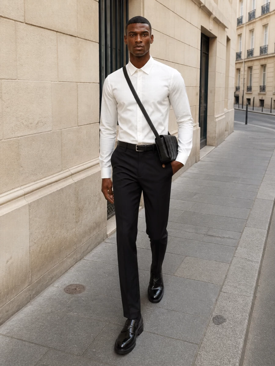 Prada black tailored trousers off white shirt outfit