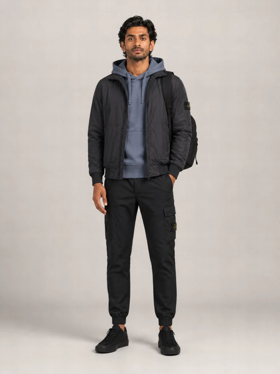 Stone Island Hooded Nylon Jacket Ribbed Cuffs Hem