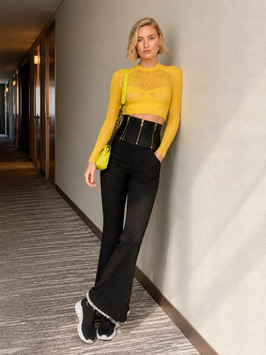 Ambush yellow mesh top black flares balenciaga bag