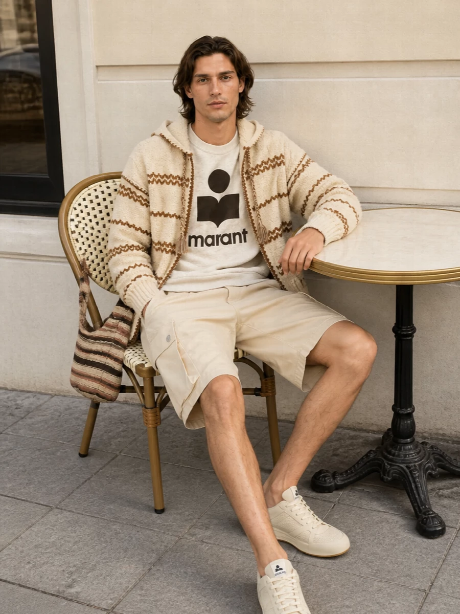 Isabel marant striped hoodie cargo shorts outfit