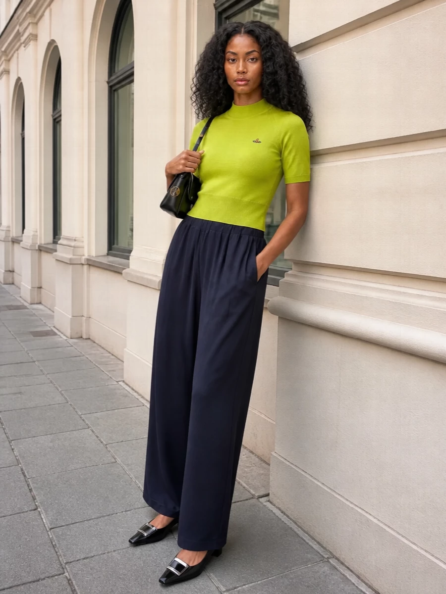 Vivienne westwood lime knit navy wide leg trousers