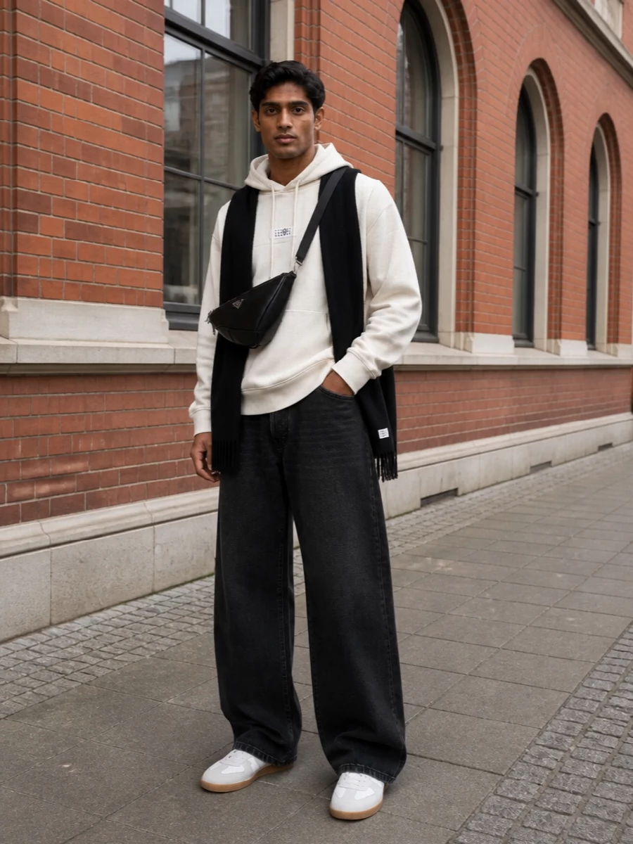 An off-white Mm6 hoodie sits against slouchy washed-black Margiela wide-leg denim for a calm, graphic take on streetwear. Off-white gum-sole sneakers pick up the top’s softness, while a black Prada crossbody and Mm6 scarf sharpen the monochrome contrast without disturbing the ease. The result is relaxed but precise, ideal for city days where comfort still needs a considered finish.