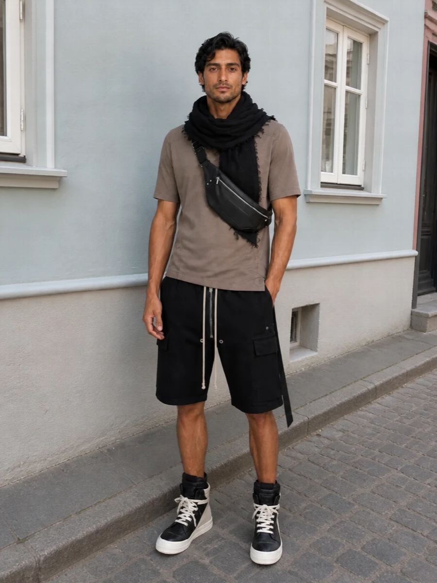 Rick owens drkshdw taupe tee black cargo shorts