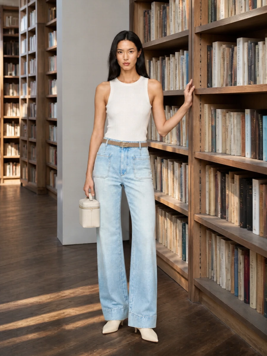 Victoria beckham wide leg jeans white tank outfit