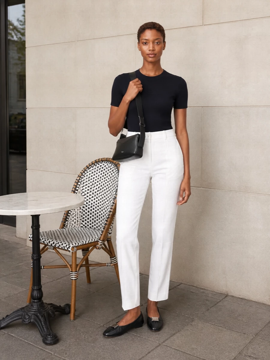 Max mara navy tee white tailored trousers outfit