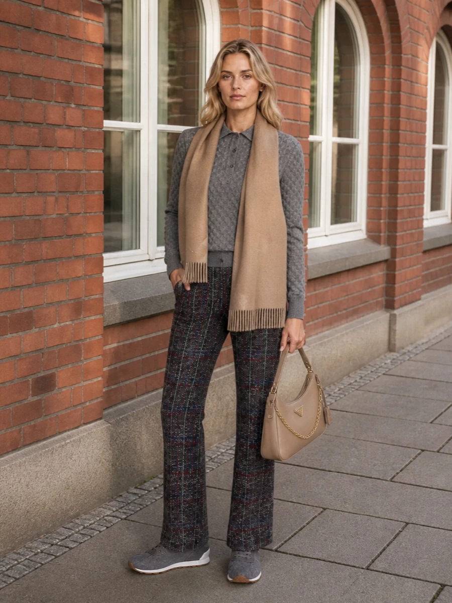 Missoni grey polo plaid trousers prada bag