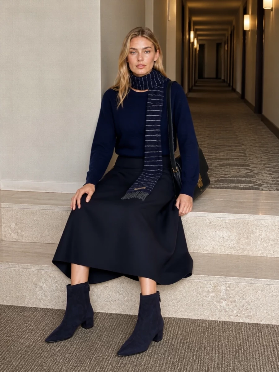 A navy-on-navy column keeps the mood calm and assured, with the A-line skirt softening the crew-neck’s clean line just enough. Pointed boots and a structured shoulder bag bring quiet definition, while the fine striped scarf adds a barely-there graphic note that still feels restrained. It is an easy, everyday minimalist uniform that moves from desk to late-afternoon errands with a simple change of outer layer.