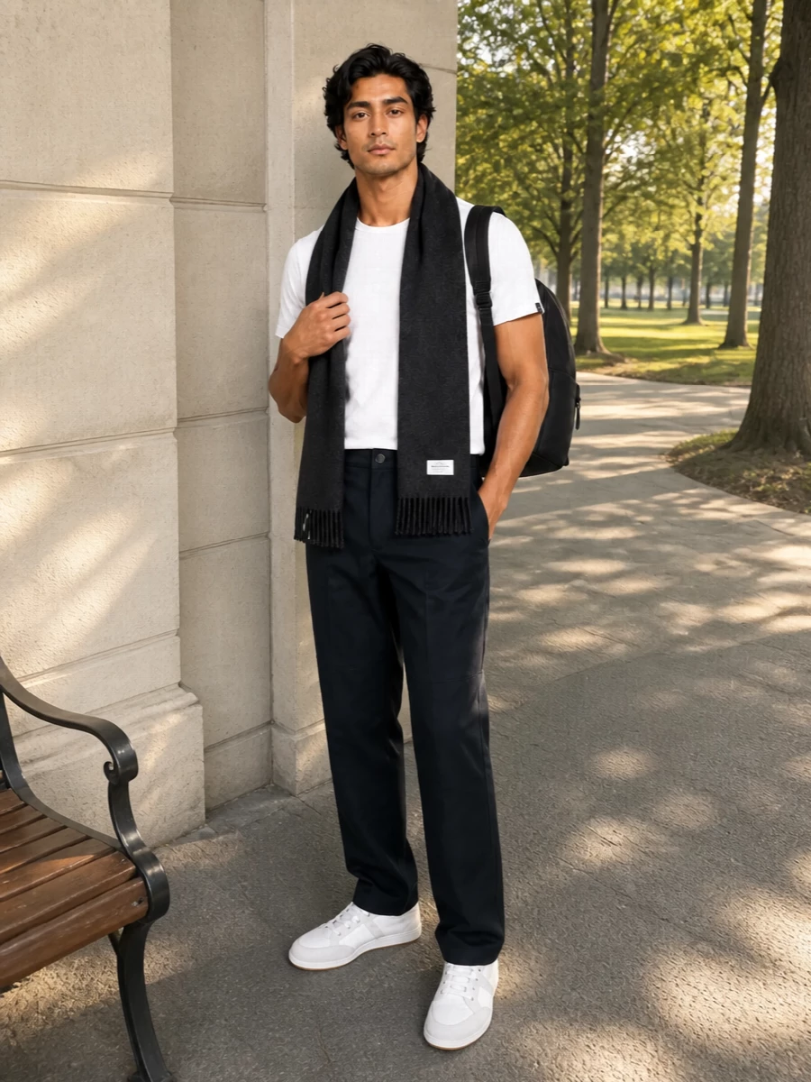 A crisp white Canada Goose tee sits against ink navy technical trousers for a clean, low-contrast take on sport-minded minimalism. Givenchy’s streamlined white sneakers keep the line light and agile, while a matte black Moncler backpack and charcoal scarf add just enough structure and texture for city days in colder weather. The result is a quietly branded, travel-ready uniform that moves easily from airport gates to downtown coffee runs without feeling overthought.