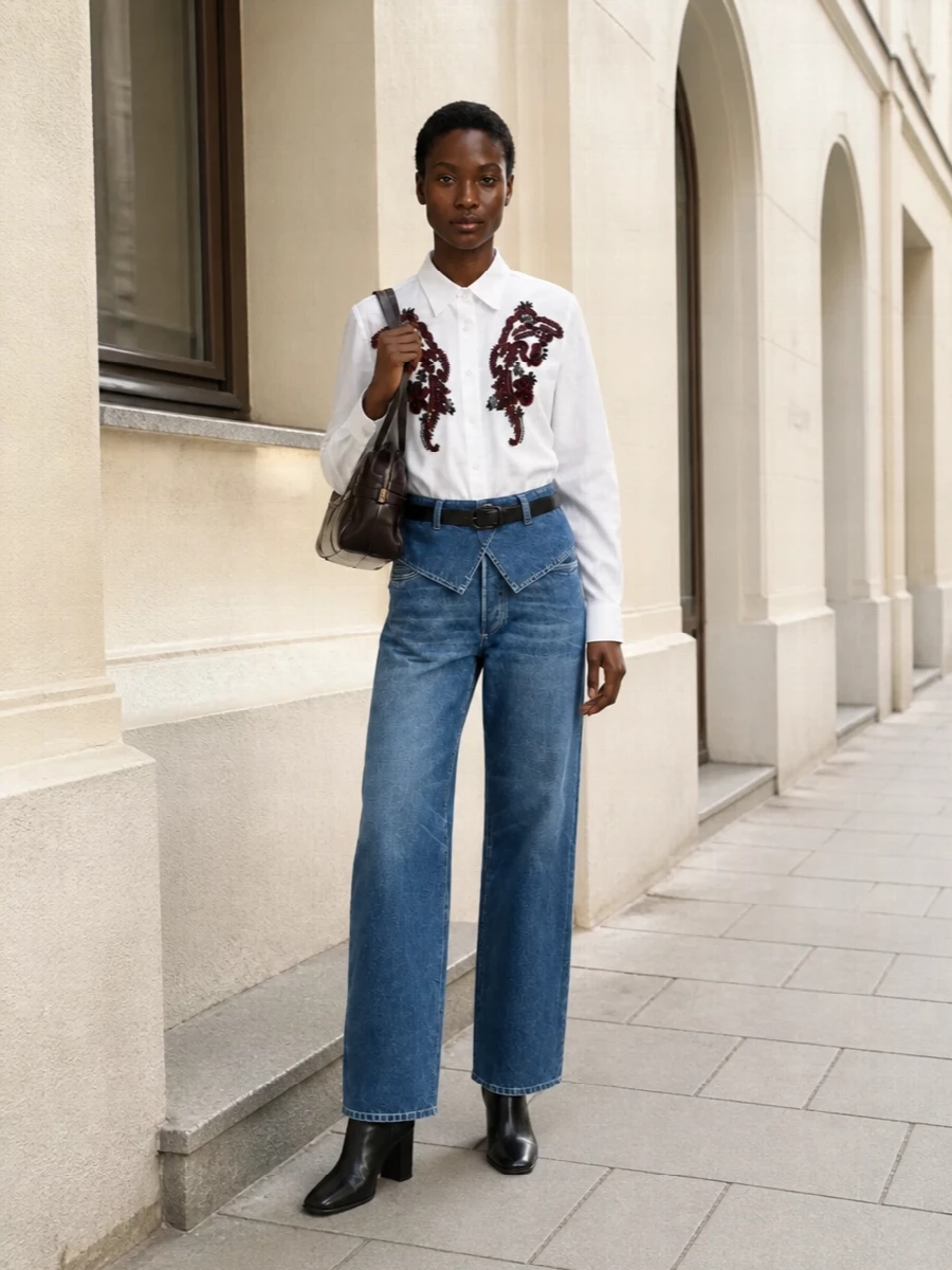 Dries van noten embroidered shirt high waist jeans