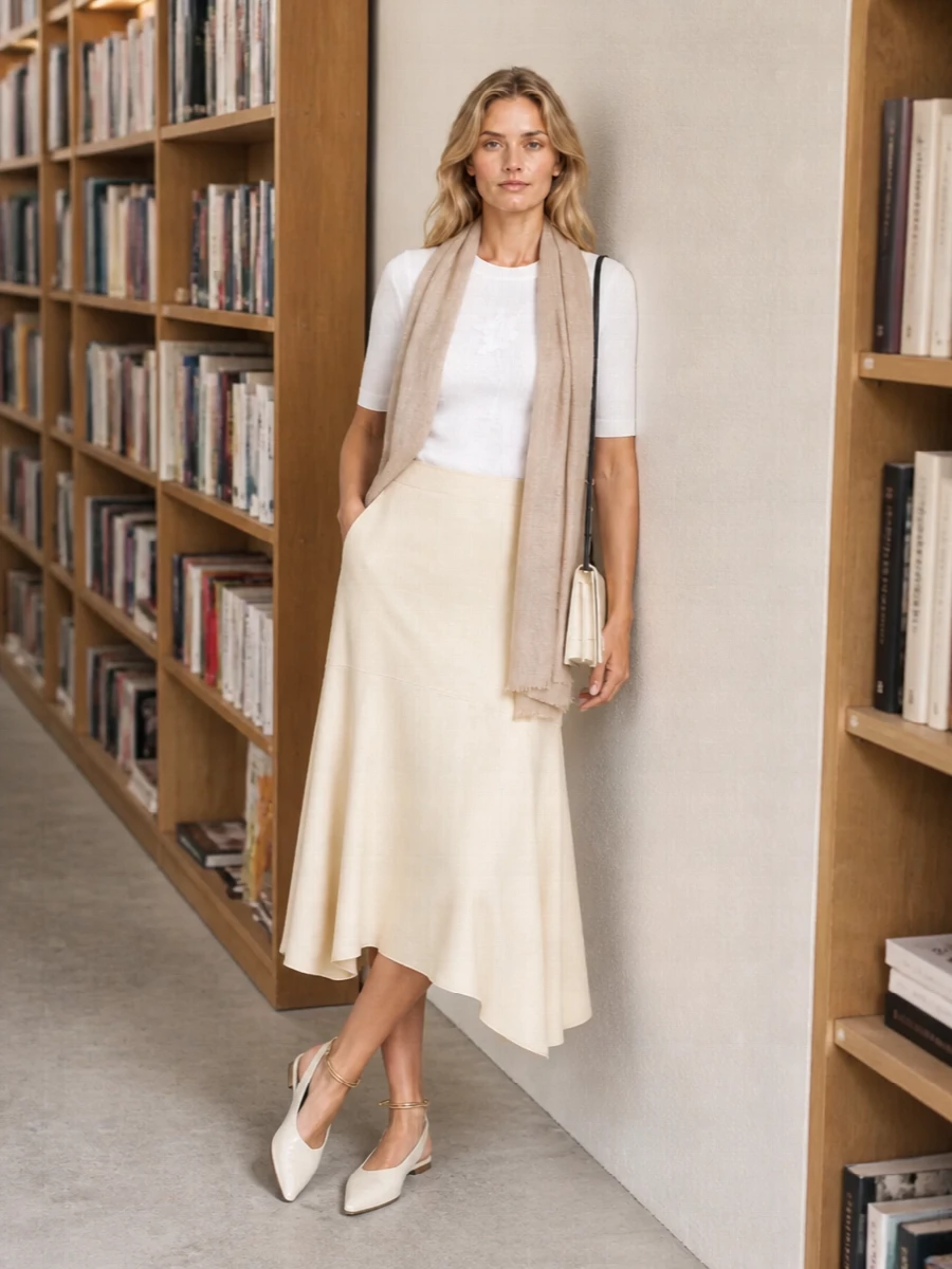 Jil sander white knit buttercream midi outfit