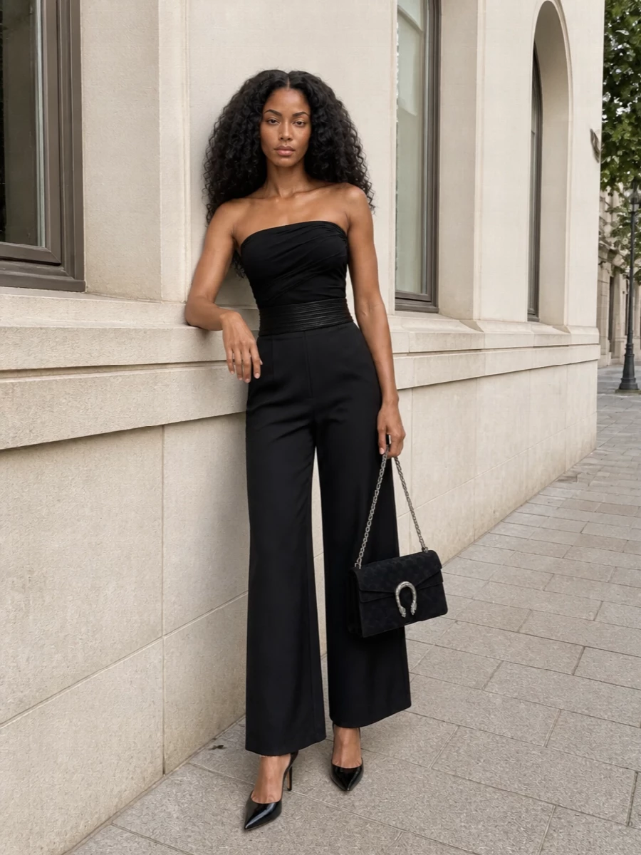 Gucci black bandeau wide leg trousers outfit