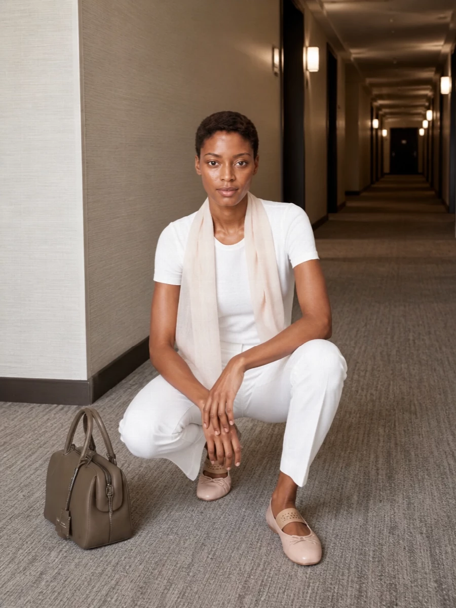 A white Max Mara tee meets soft-white tailored trousers for a calm, elongated column of light neutrals. Nude Margiela flats and a structured taupe top-handle bring subtle warmth and structure, while the sheer nude scarf adds a barely there layer of texture. The result is quietly refined day dressing that can slip into an early dinner without changing a piece.