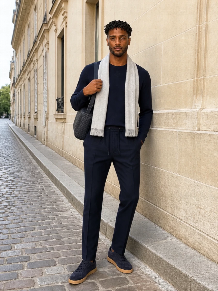Etro navy knit drawstring trousers suede sneakers