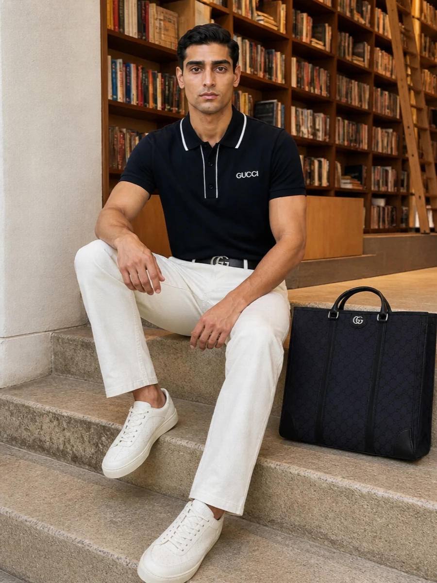 A navy Gucci polo sits against ivory straight-leg trousers for a crisp, modern take on preppy minimalism. Ivory sneakers keep the palette light and relaxed, while the structured navy tote and slim belt add quiet precision. It is a smart warm-weather uniform that moves seamlessly from lunch meetings to early evening plans without ever feeling overdone.
