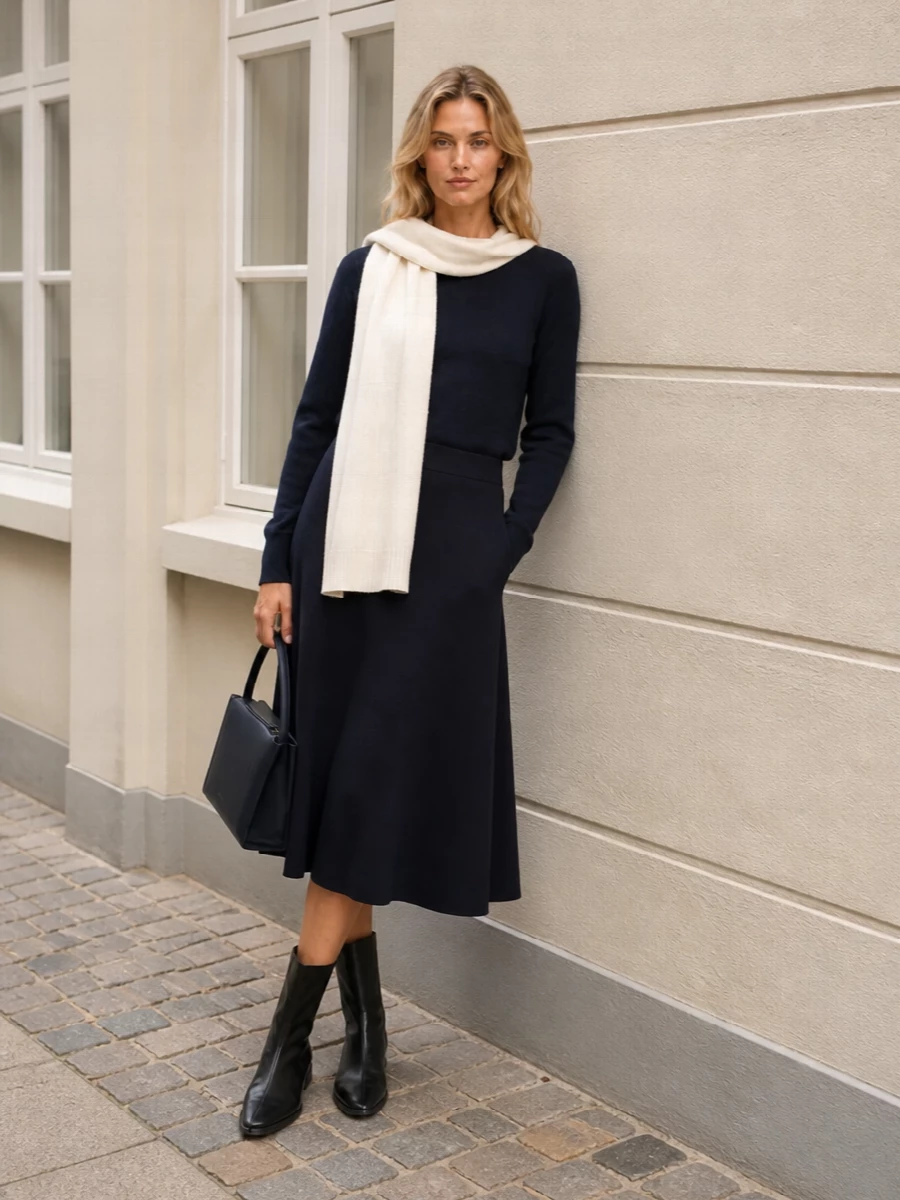 Auralee navy sweater jil sander midi outfit