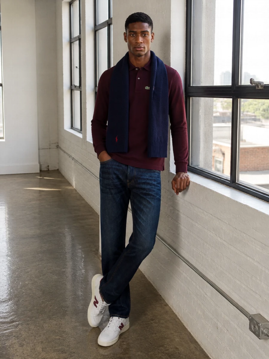 Lacoste burgundy polo dark denim new balance