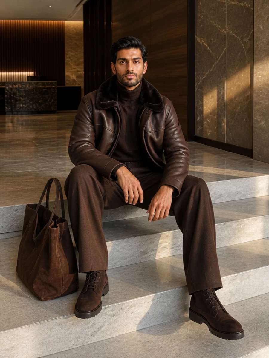 Yves salomon shearling coat brown wide leg trousers