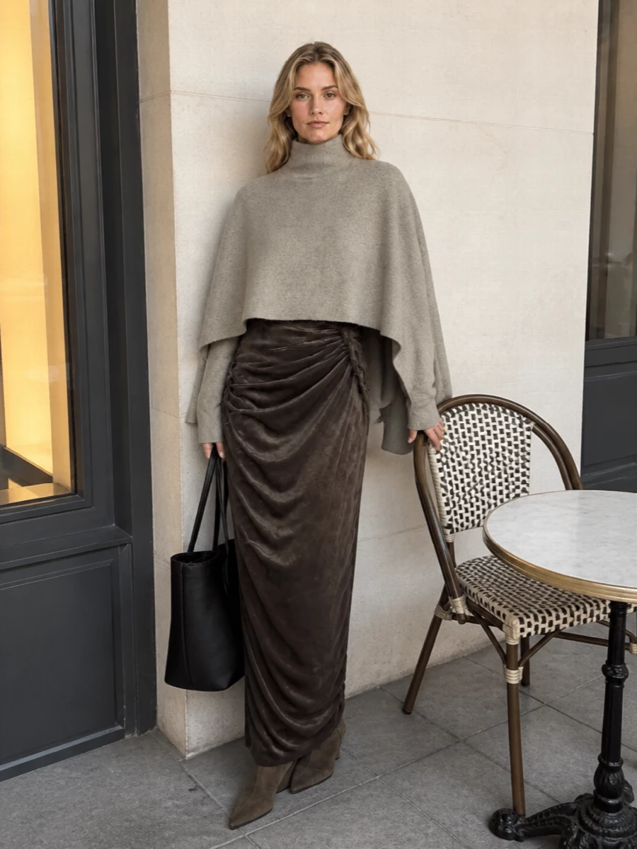Rick owens draped taupe gown sculptural poncho