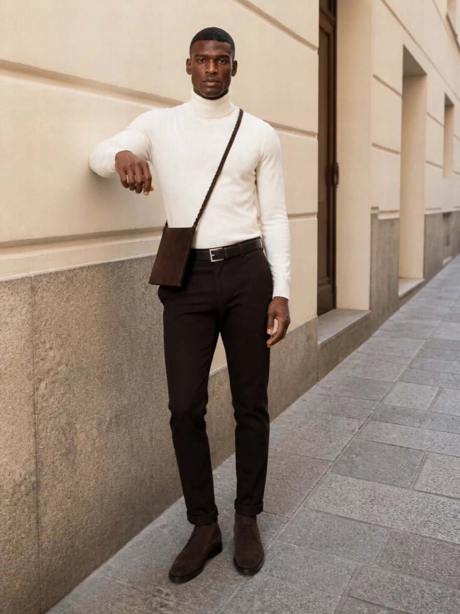 Dondup chinos winter white turtleneck outfit