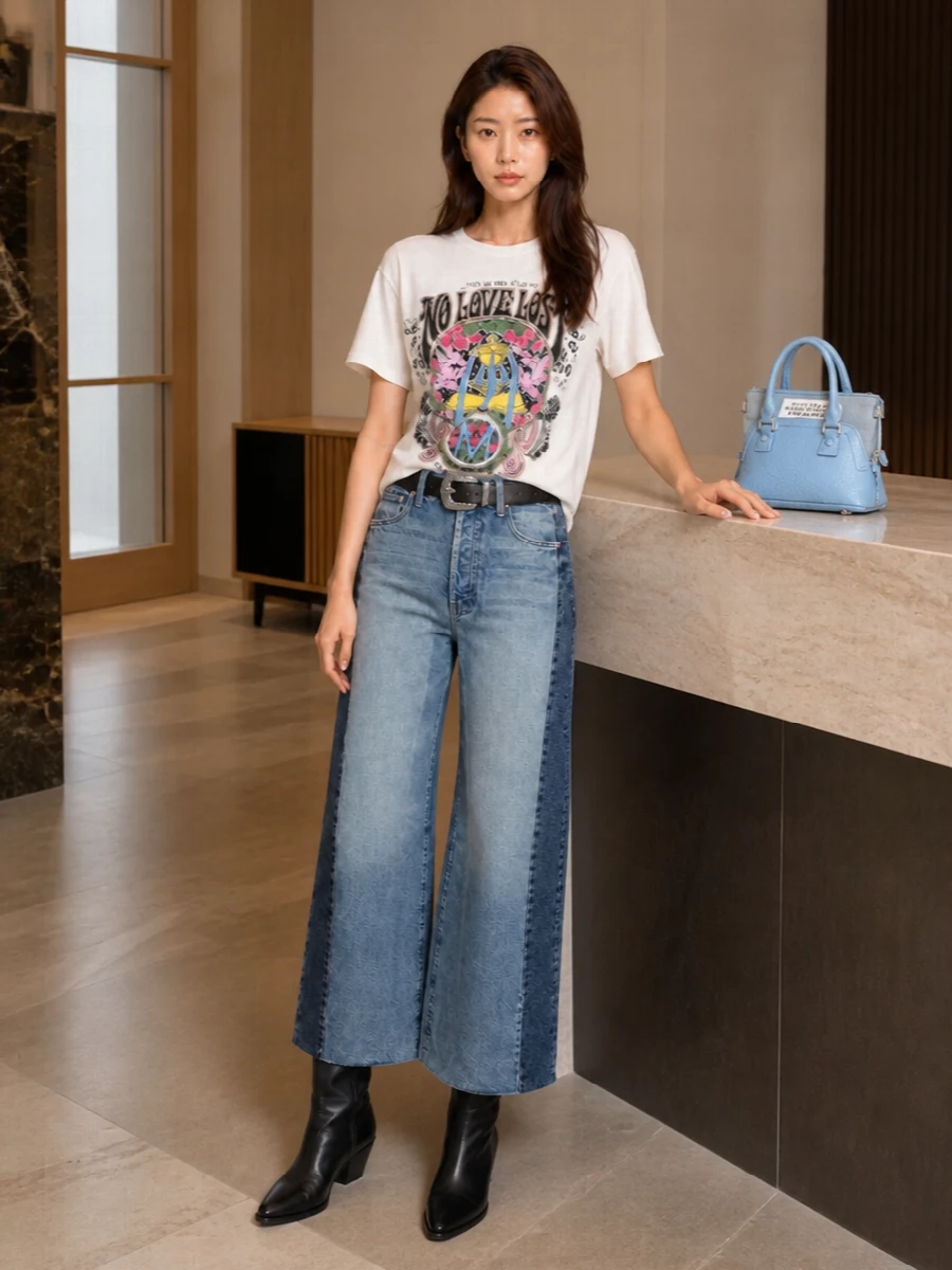 Mother wide leg jeans graphic tee western boots