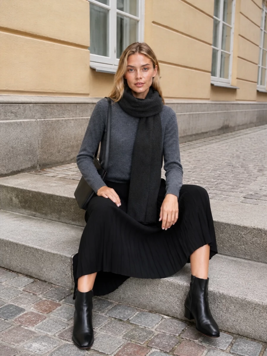 Lisa yang cashmere sweater black pleated midi skirt