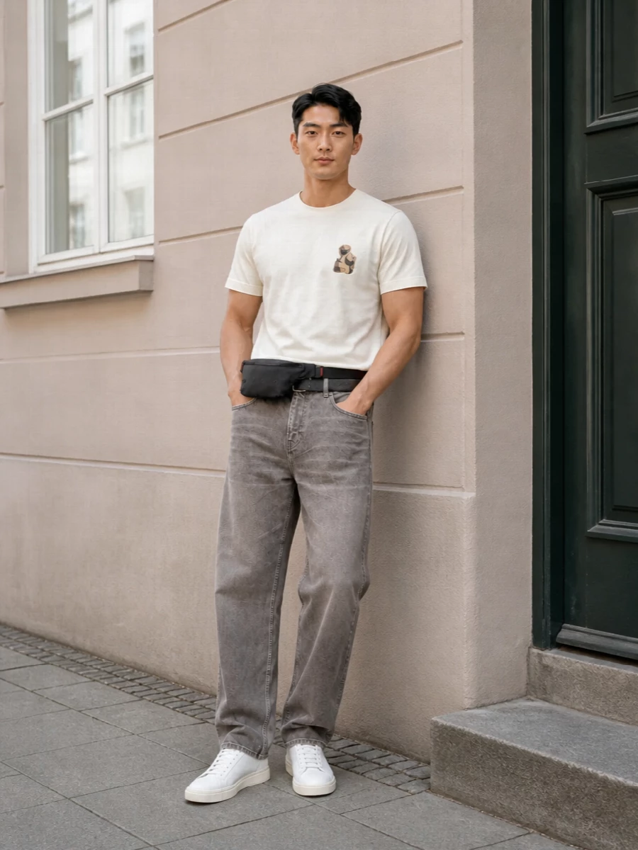Hugo tee represent grey jeans white sneakers