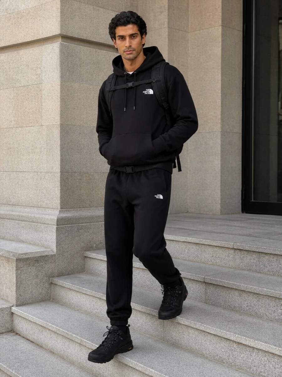 The north face black hoodie joggers streetwear outfit