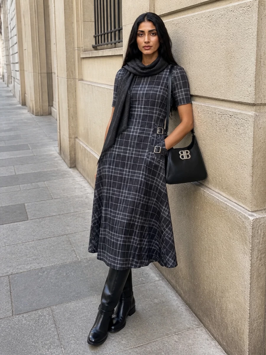Burberry plaid midi dress riding boots outfit