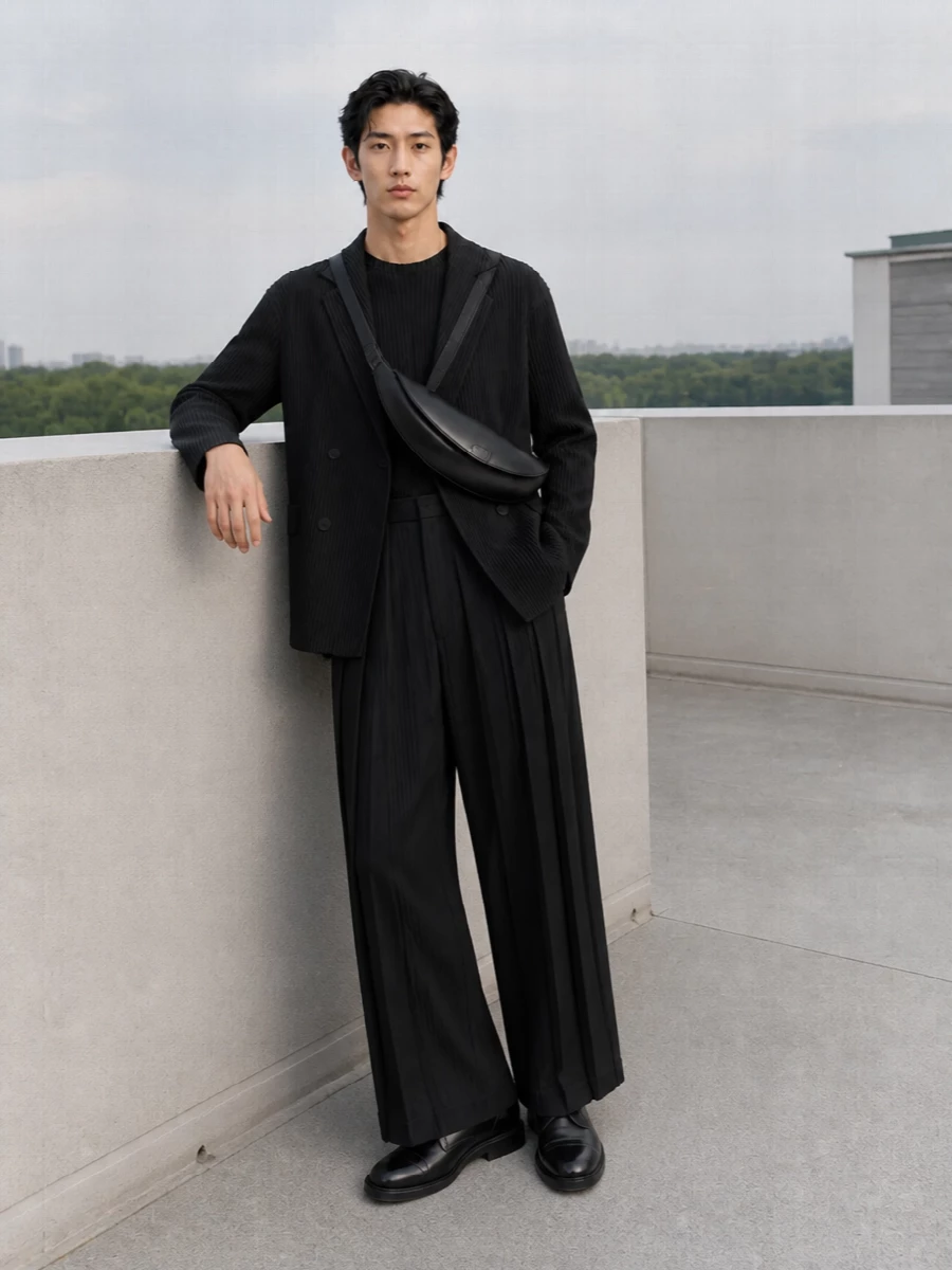 Homme plisse blazer wide leg trousers outfit