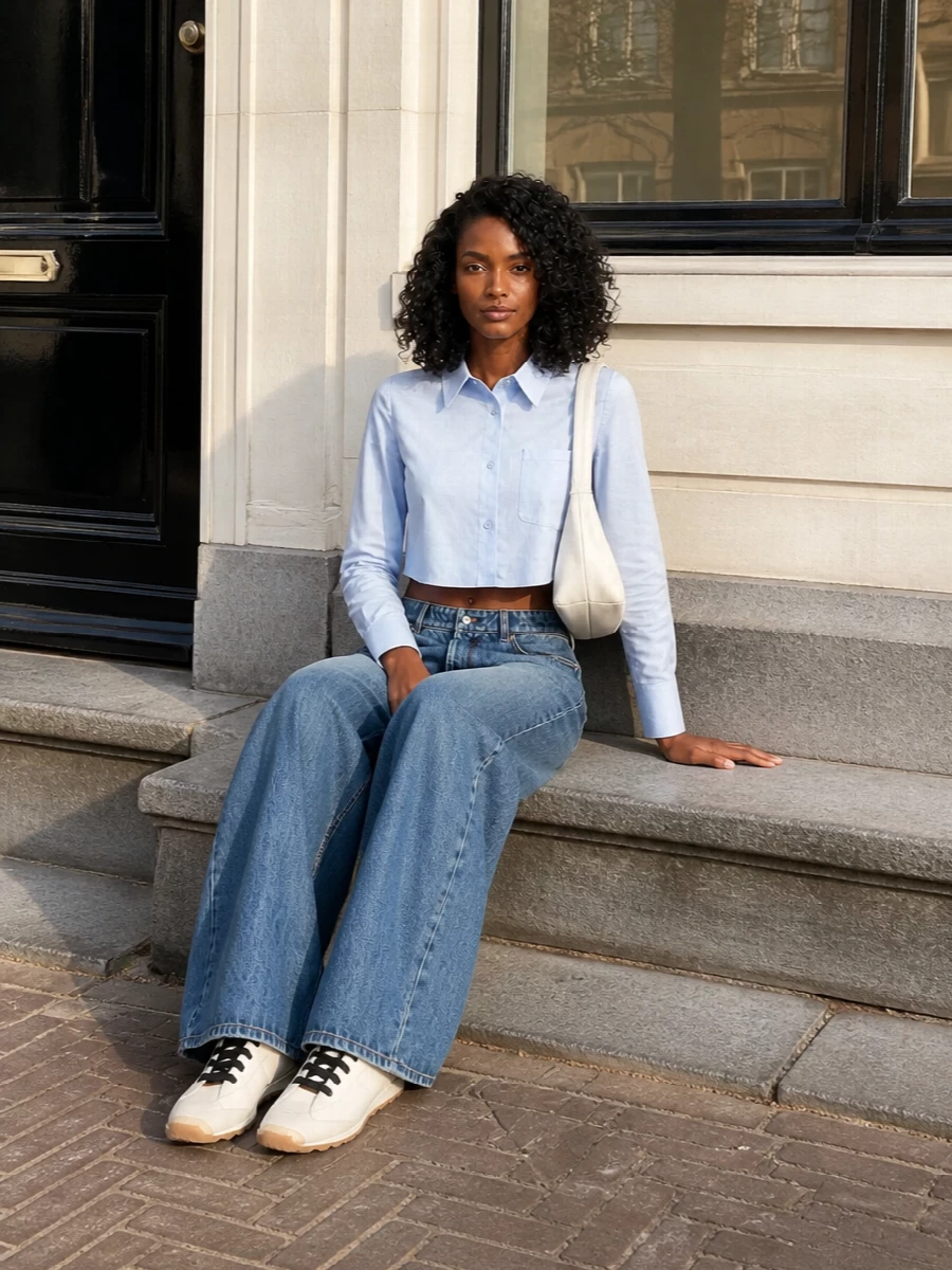 Sportmax wide leg jeans cropped blue shirt outfit