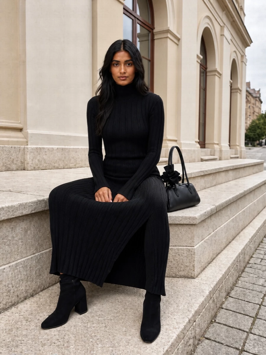 Here the Ann Demeulemeester knit column is the anchor, echoing the Gianvito Rossi boots’ vertical, sculpted energy in a single, uninterrupted black line. I chose the dress route over tailoring, as it keeps the mood sharper and more directional while staying within a minimalist, quiet luxury frame. The Magda Butrym shoulder bag finishes the ensemble with a slim, architectural shape and just enough detail to signal confidence without noise.