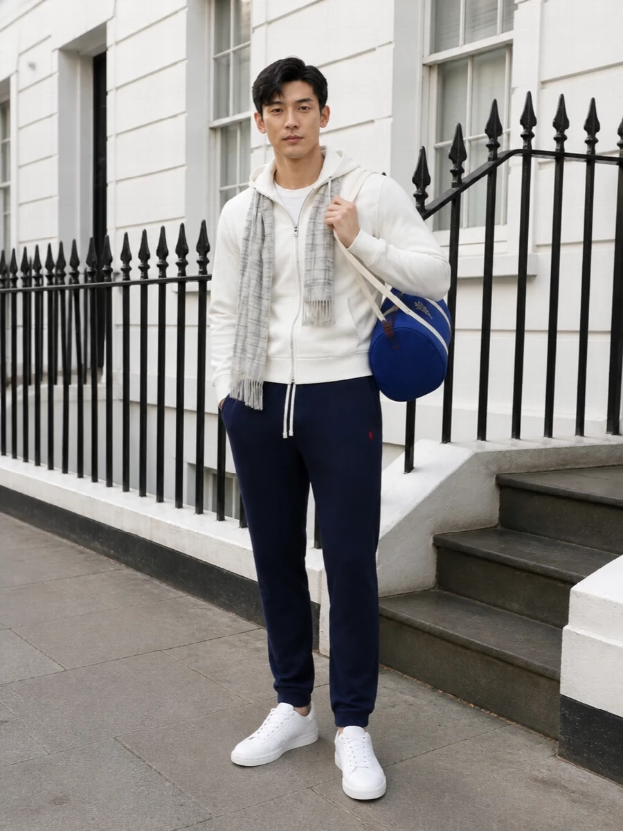 Polo hoodie navy joggers white sneakers