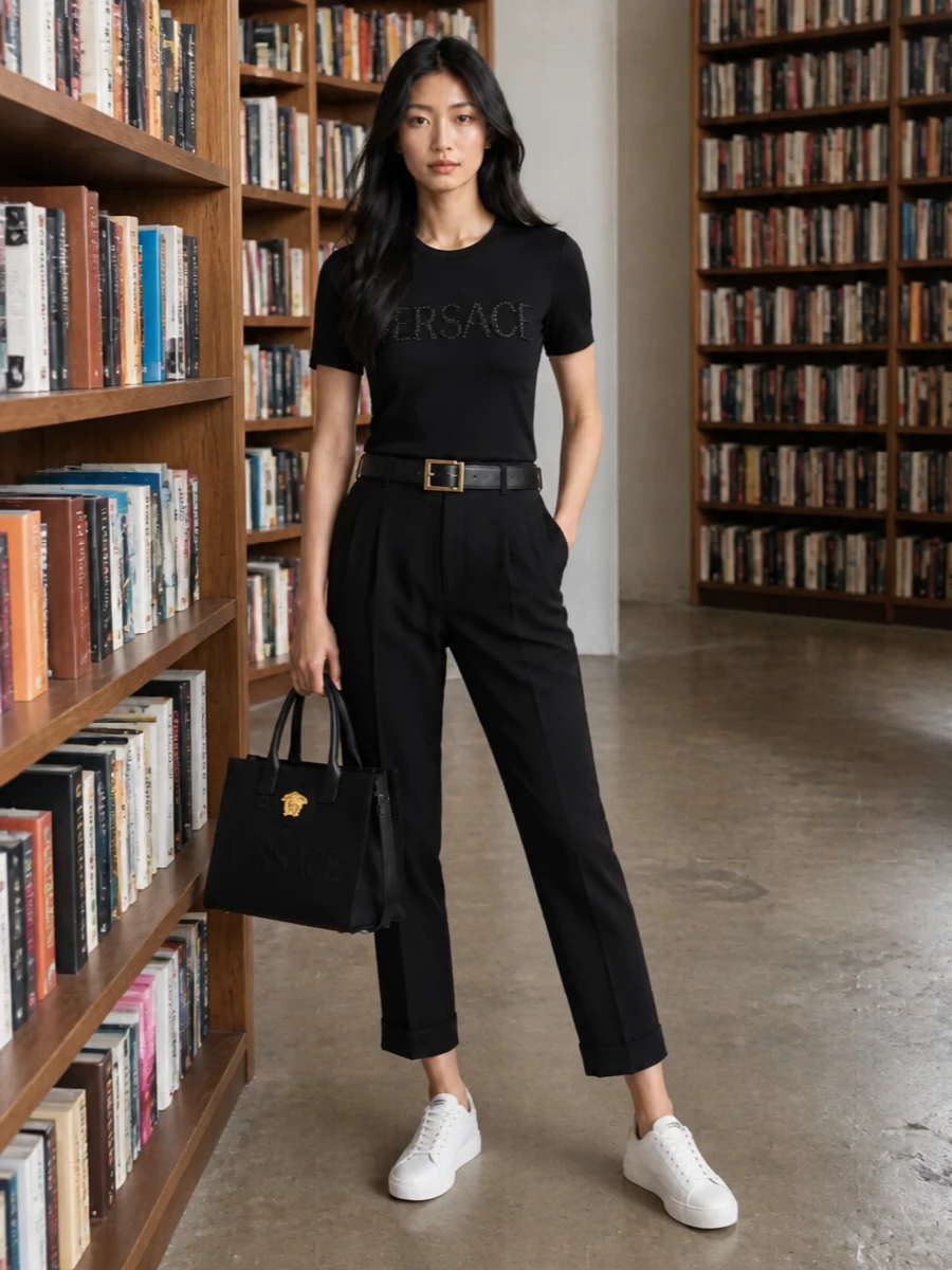 Versace black crystal logo tee with tailored trouser