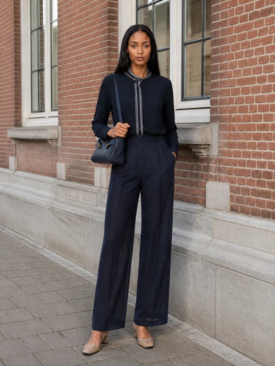 A deep-navy blouse and fluid Tom Ford wide-leg trousers create a column of color that speaks directly to the structured Ferragamo bag. The taupe block-heel pumps soften the palette without breaking its restraint, keeping everything polished yet understated for city days that slip into dinner. This path feels more modern and versatile than a dress, echoing the bag’s tailored ease through clean, elongated proportions and quiet detailing.
