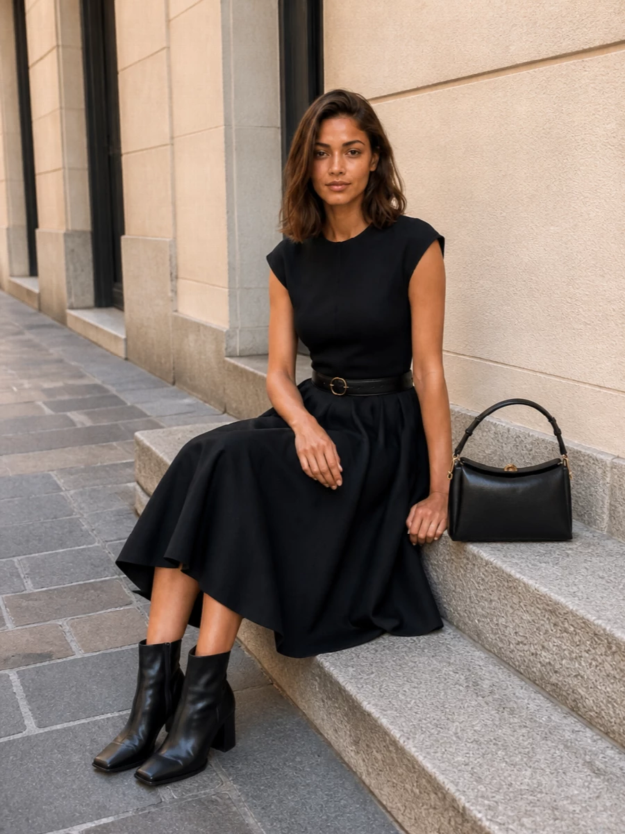 Ami paris black midi skirt outfit ankle boots