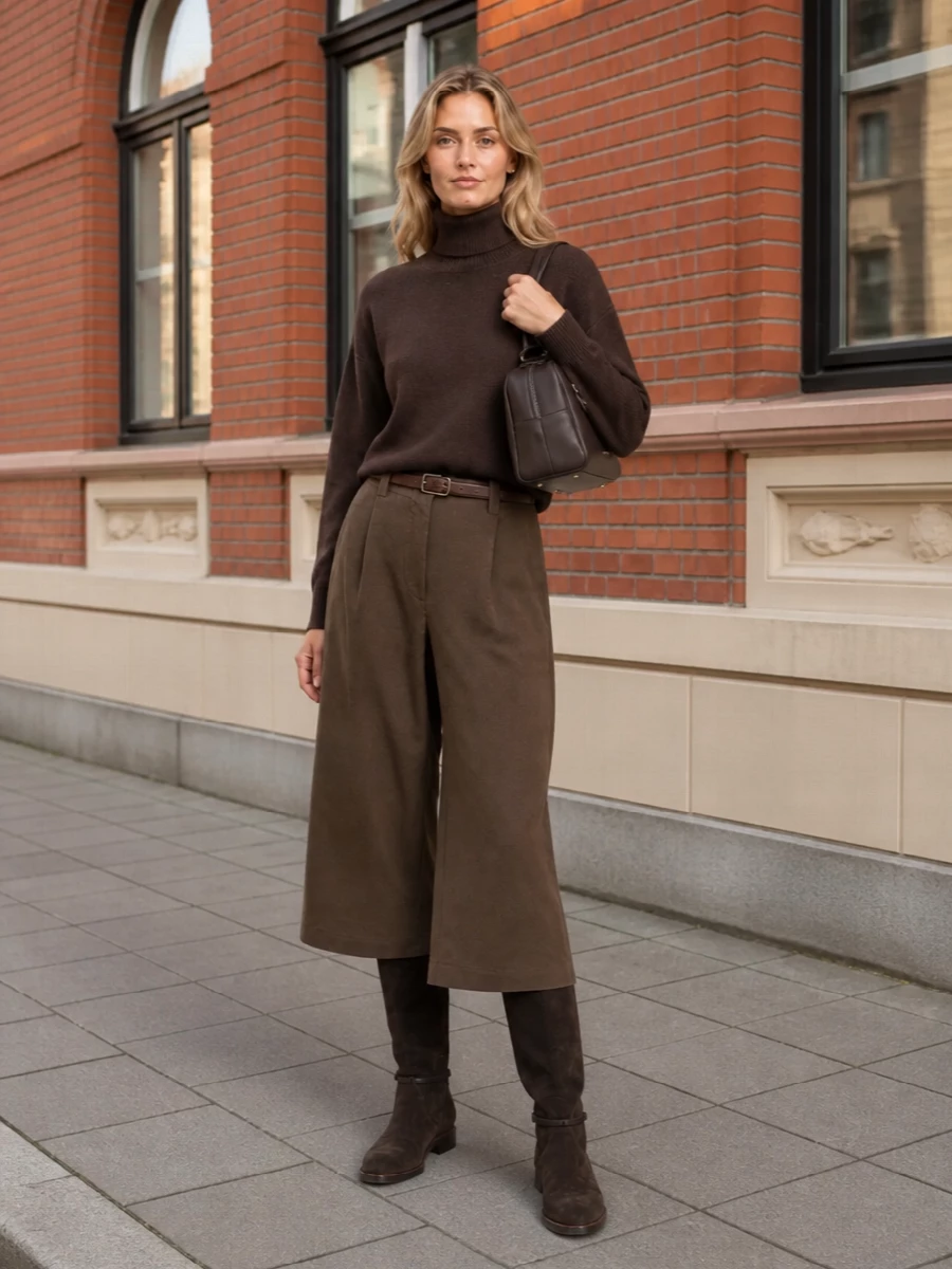 Brunello cucinelli brown turtleneck wide leg trouser