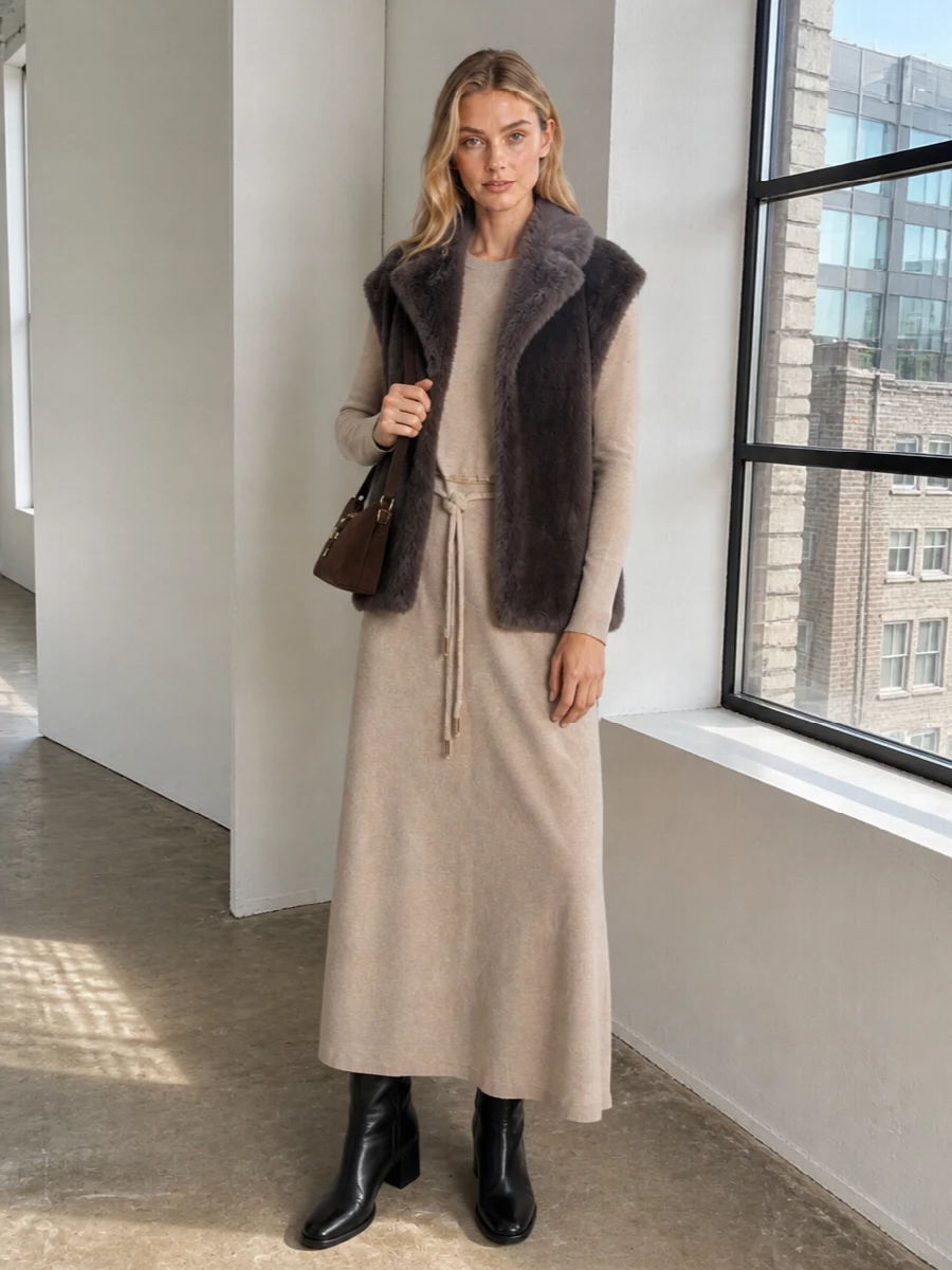 I’m building this around the dress path, so the gilet wraps over a single, uninterrupted knit column rather than competing with a separate top and wide-leg trouser. The Max Mara maxi dress, Hereu mid-calf boots and slim chocolate Furla bag keep everything long, fluid and tonal, with the faux-fur gilet adding the only real volume. It feels like winter city dressing at its softest and most composed, all texture and neutrals, zero fuss.