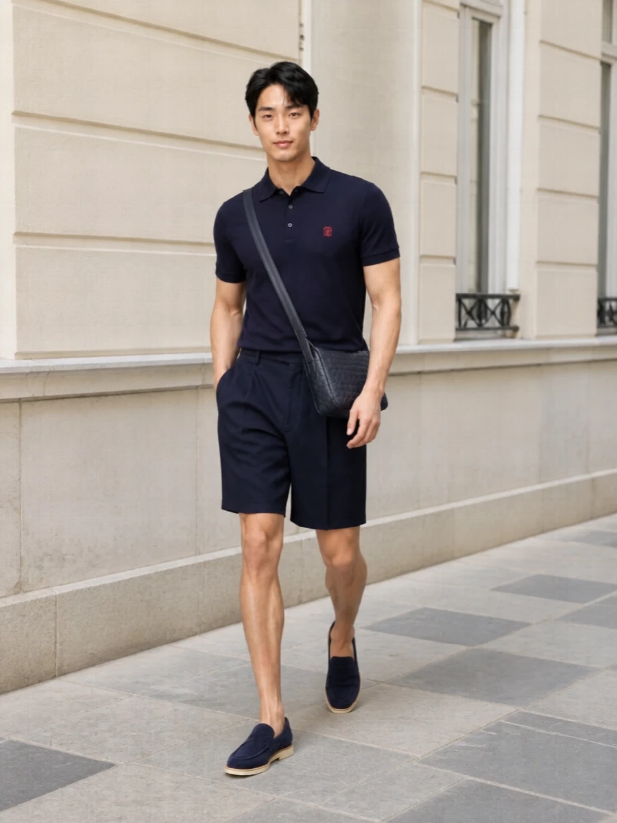 Mens navy knit polo tailored shorts outfit