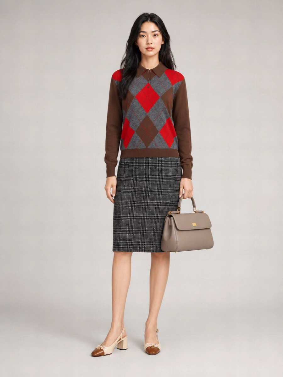 Prada Cashmere Fine-Knit Argyle Polo Sweater