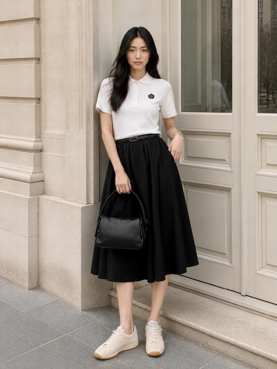 A clean black midi skirt meets a sharp white Kenzo polo for a modern, preppy spin on monochrome. Cream sneakers keep the mood relaxed while the slim belt and soft clutch add quiet structure. The result is an easy city outfit that works from coffee runs to low-key dinners without feeling overdone.