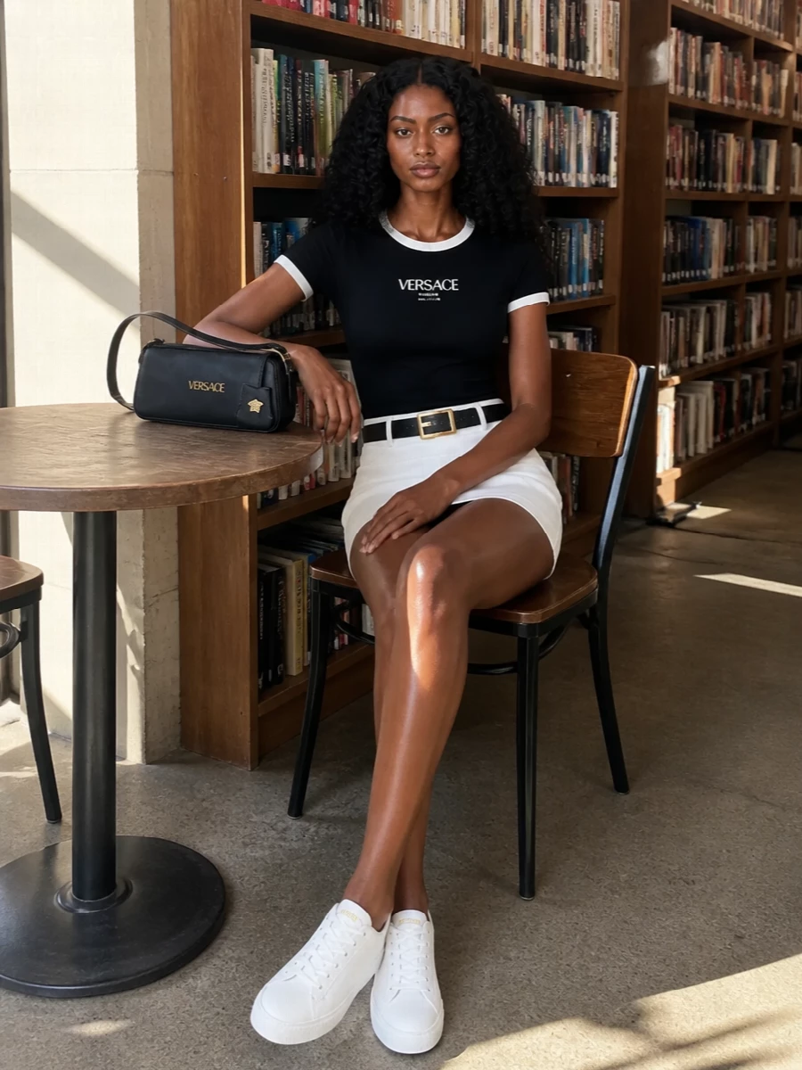 Versace logo tee white mini skirt sneakers