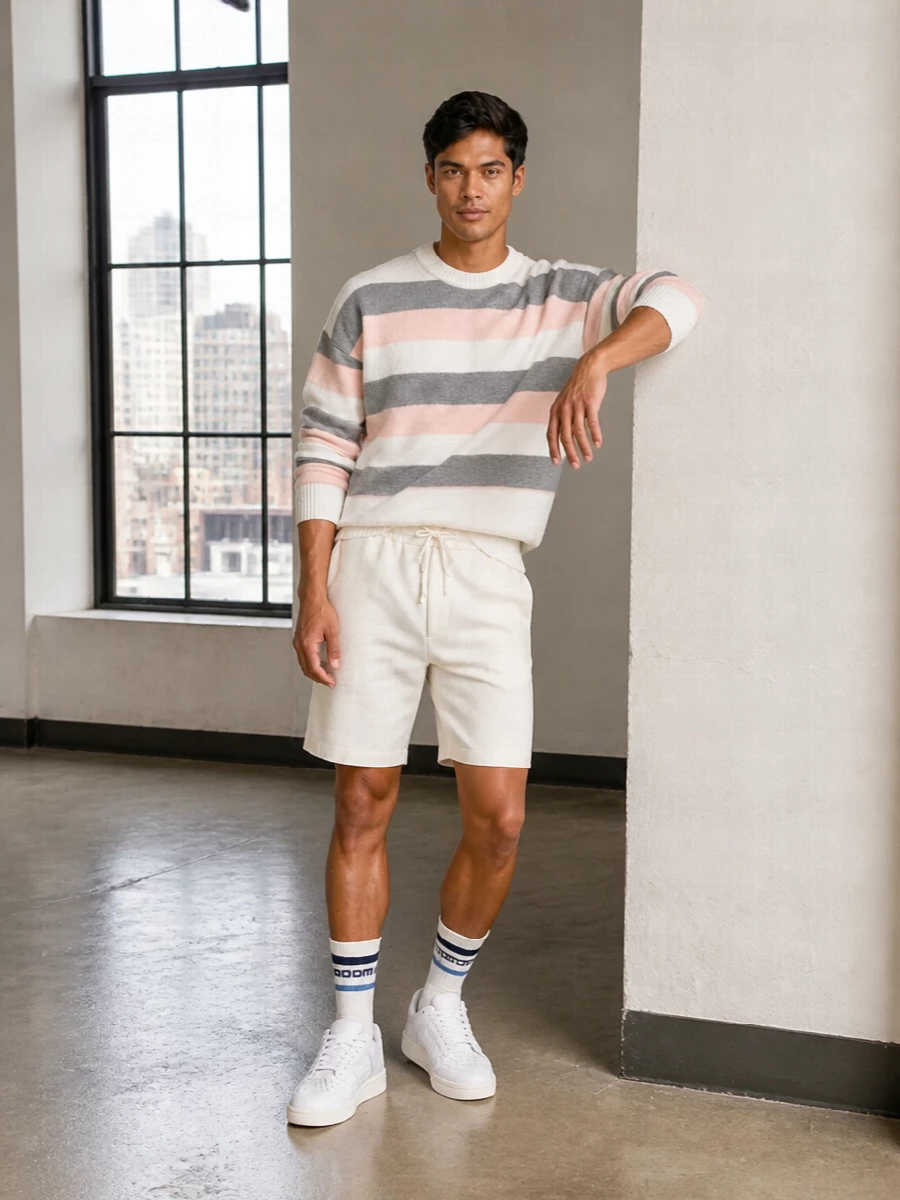 Pastel stripes meet clean ivory deck shorts for a relaxed, softly structured outfit that feels considered without trying too hard. The pure white sneakers and off-white tote keep everything light and tonal, so the knit’s powdery bands stay center stage.