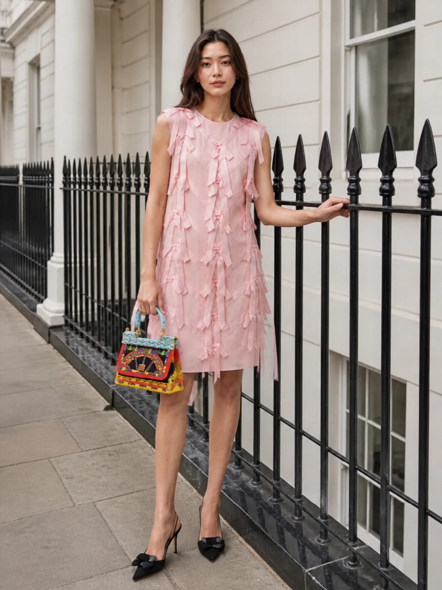 I chose the dress route, as a single romantic cocktail piece lets the richly embroidered Dolce & Gabbana bag headline without clashing with separate prints. The blush ribboned Prada shift and black crystal slingbacks create a polished, feminine evening ensemble where colour is soft on the body and the bag delivers the joyous maximalism. It is dressy enough for city dinners or events, with the bag reading as a treasured, artful accent rather than an afterthought.
