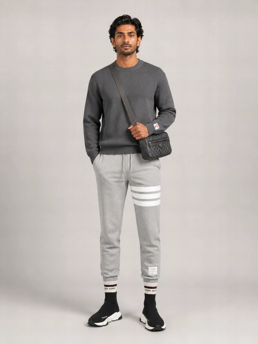 Golden Goose varsity socks anchor a muted, sport-preppy story, grounded by a charcoal knit and tailored joggers for a calm, athletic base. Black Balenciaga sock sneakers extend the ribbed lines into a sleek, modern profile, with a charcoal Gucci crossbody sharpening the finish without disrupting the off-white and deep-plum accents. It is an all-season city uniform that feels gym-adjacent but absolutely street ready.
