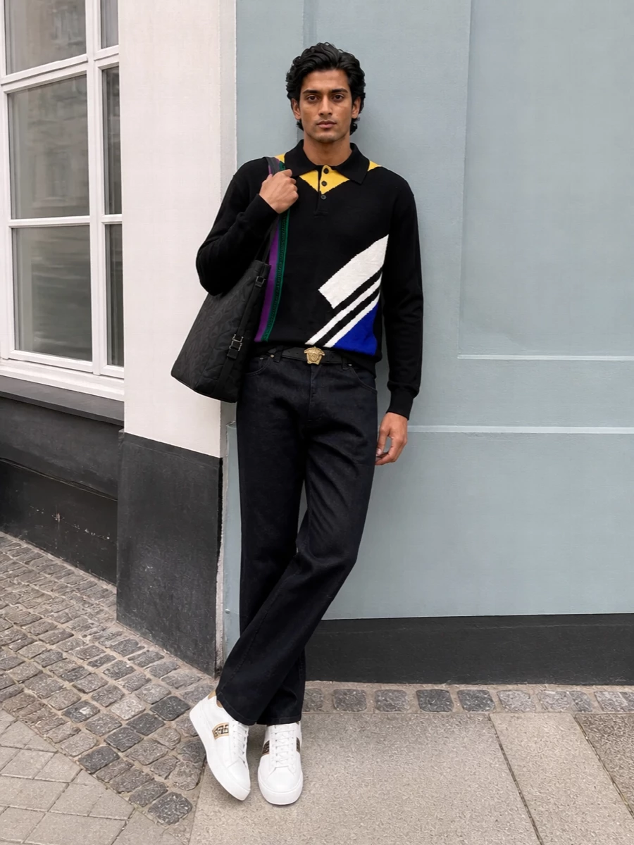 Versace graphic polo black trousers white sneakers