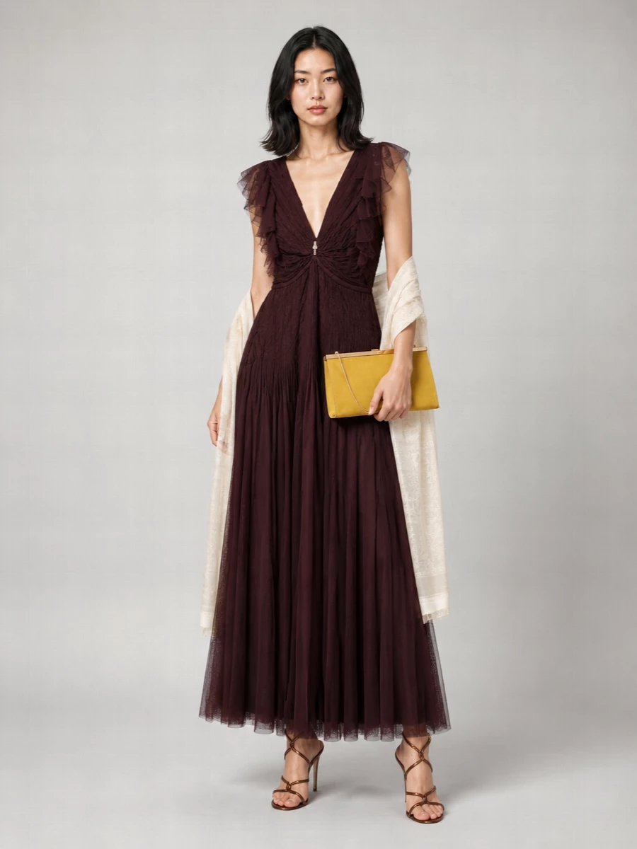 Elisabetta Franchi Pleated V-Neck Maxi Dress