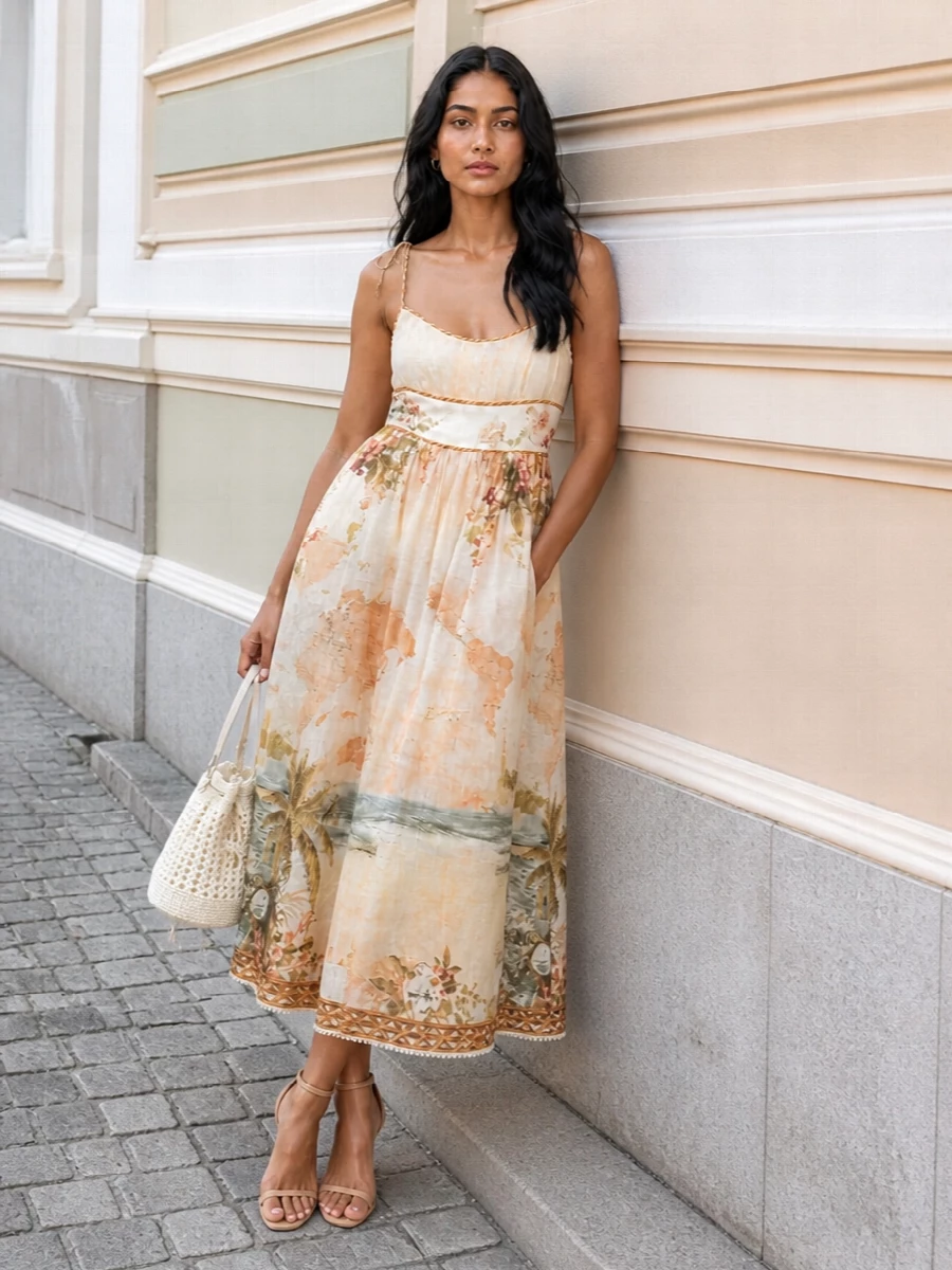 Zimmermann’s map‑print midi stays soft and dreamy by pairing with barely there rose‑nude heels that let the skirt move and the neckline stay the focus. A warm white crochet bucket brings in a Riviera, straw‑hat energy that feels right for garden weddings, coastal dinners and romantic late‑season parties.
