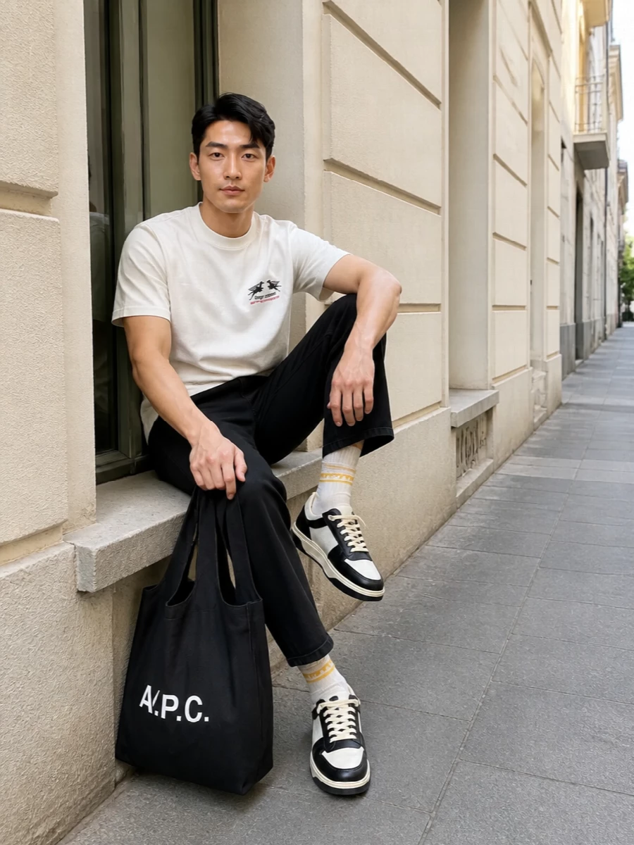 Represent graphic tee black trousers sneakers