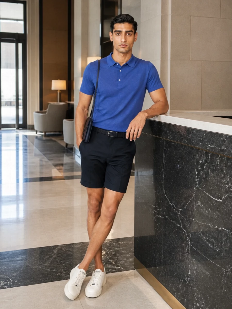 Crisp and confident, this pairing leans into a navy and cobalt story for a modern take on preppy summer dressing. The finely knit polo and tailored shorts keep the line clean, while off-white sneakers and a slim crossbody keep everything light and precise rather than sporty. A woven belt quietly sharpens the waist so the whole outfit feels considered without ever looking overworked.
